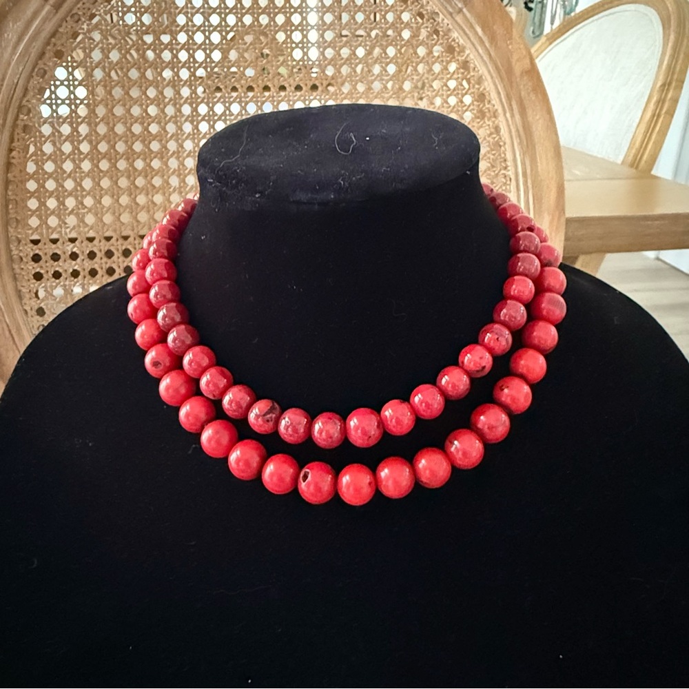 Red Beaded Multi Strand Necklace